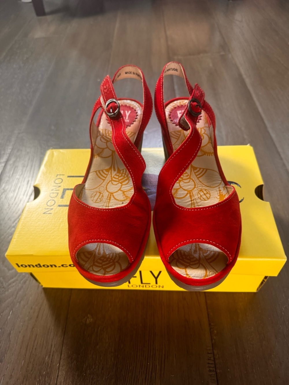 Fly London Red Suede Peep-Toe Wedge Sandals - Picture 2 of 4